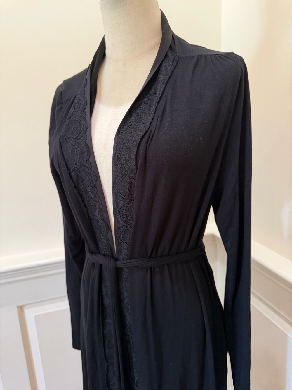 A Pea in the Pod Maternity Black Lace-Trim Long Robe with Tie